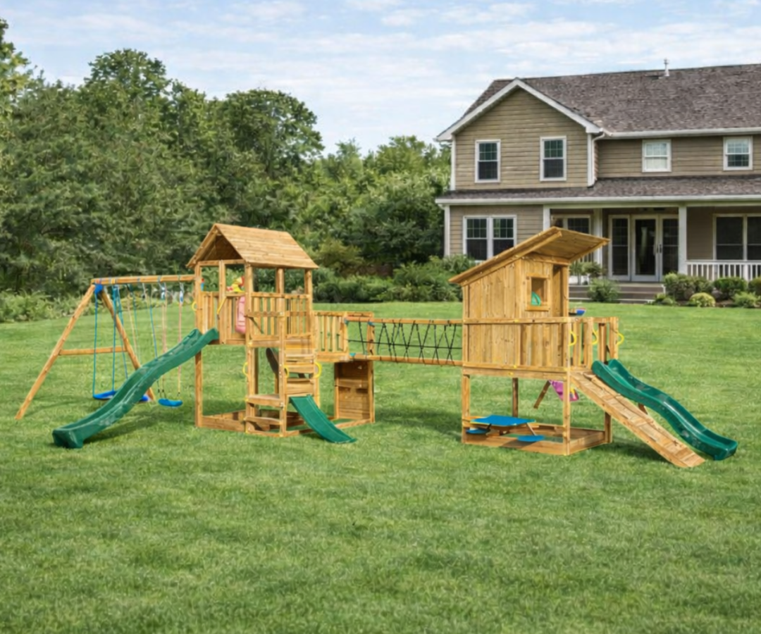 Mänguväljak Penthouse + Beach Hut + kiigemoodul Swing + sild (naturaalne) koduhoovis