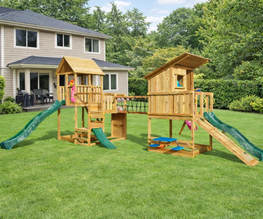 Mänguväljak Penthouse + Beach Hut + sild (naturaalne) liumäega