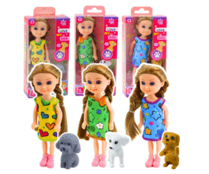 Mini nuku ja koera komplekt, 14,5 cm nukk värvilises kleidis.