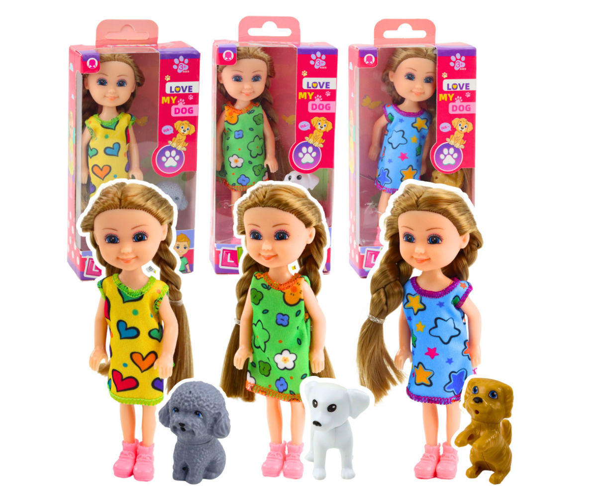 Mini nuku ja koera komplekt, 14,5 cm nukk värvilises kleidis.