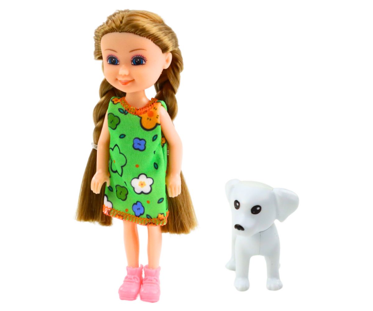 Väike nukk koeraga rollimängudeks ja hoolitsusmänguks.