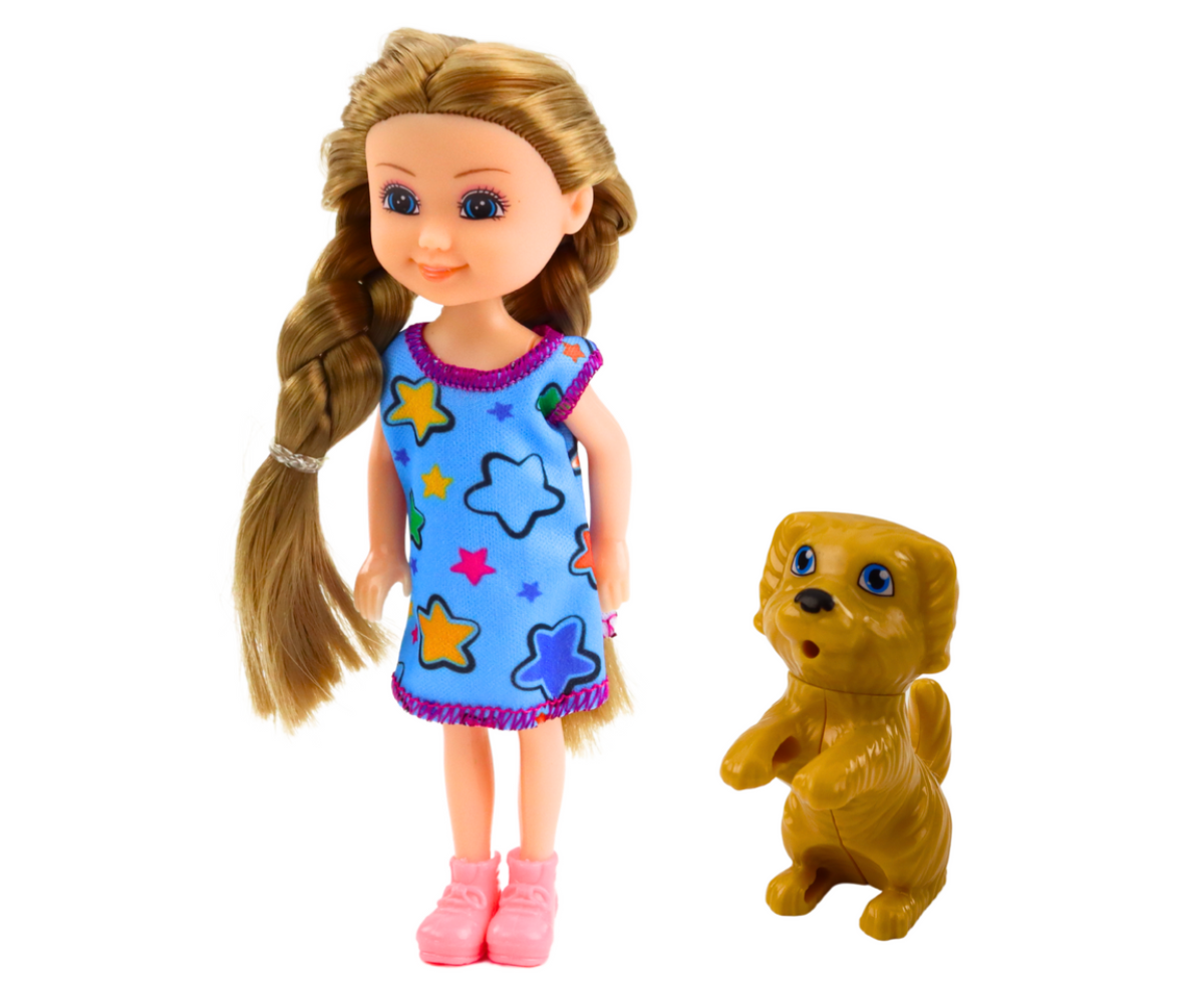 Laste mini nukk koos koerakujukesega, sobiv igapäevaseks mänguks.