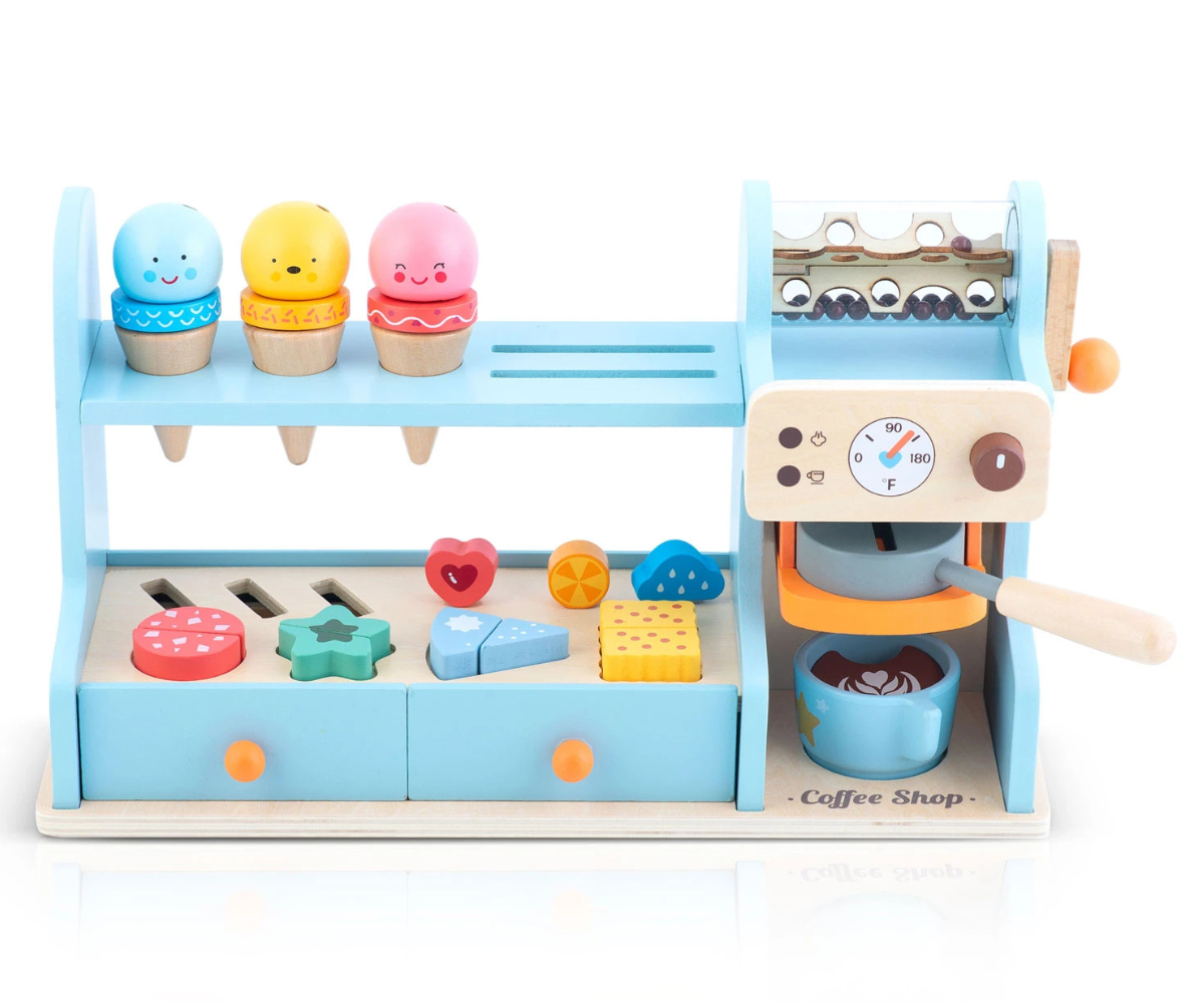 Nukido puidust mängukohvik avatavate sahtlitega