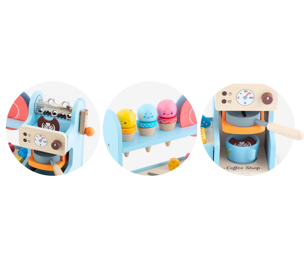 Jäätisekohviku mänguasi tasside ja söögiriistadega