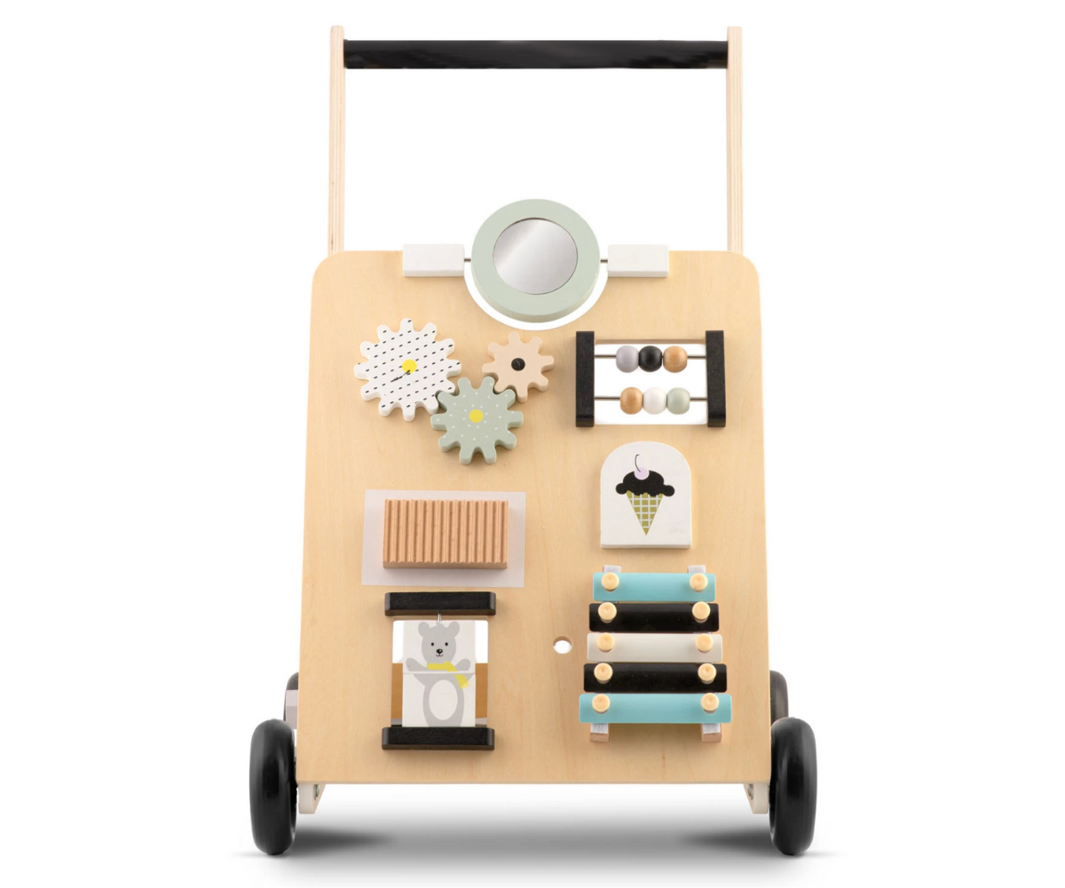 Lapsele mõeldud puidust lükatav käimistugi arendavate mängudega