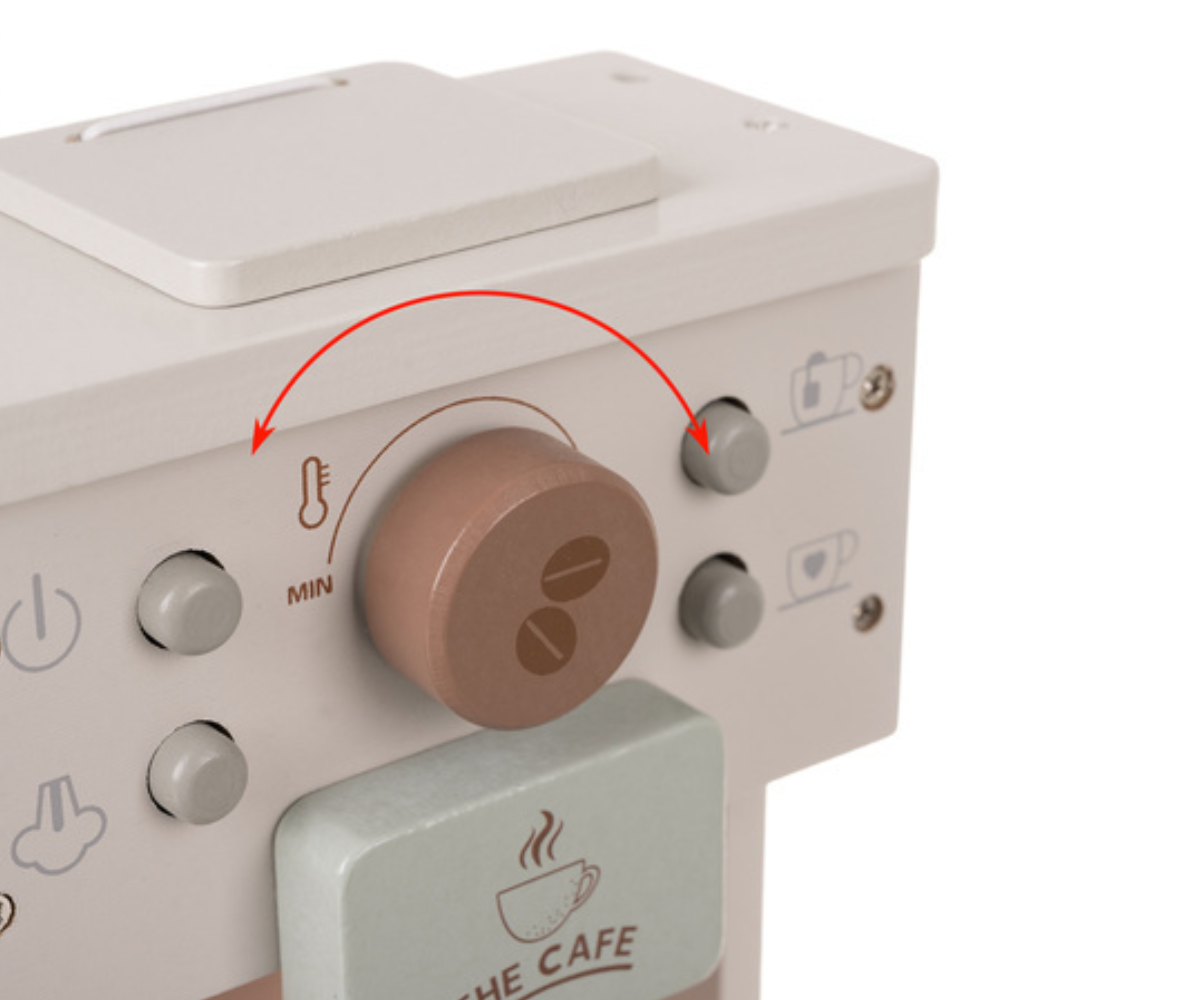 Puidust kohvimasina detailvaade koos piimapakiga.