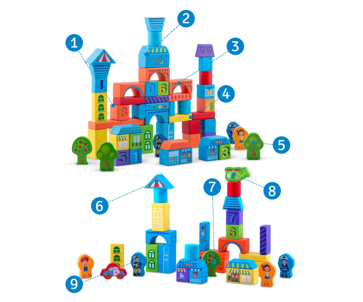 Erineva kuju ja värviga puidust klotsid laste loovaks mänguks