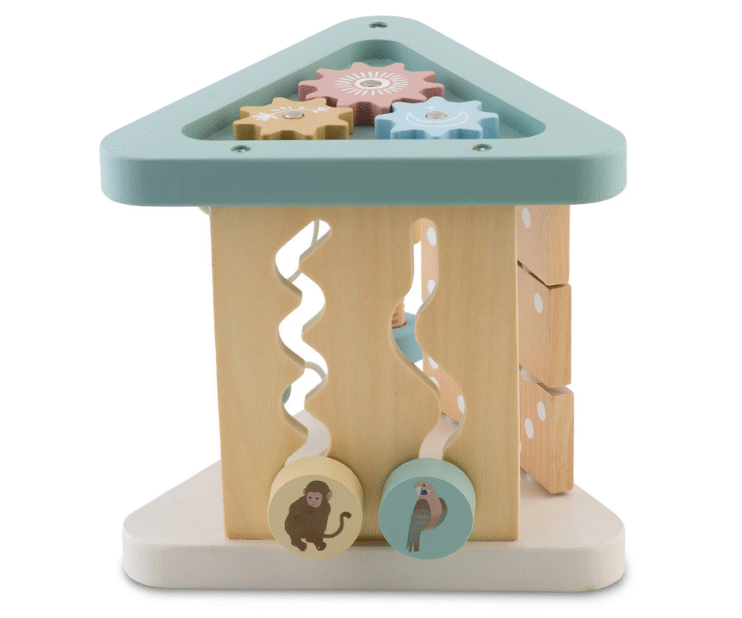 Nukido puidust sensoorne mänguasi kolmnurk erinevate tegevustega