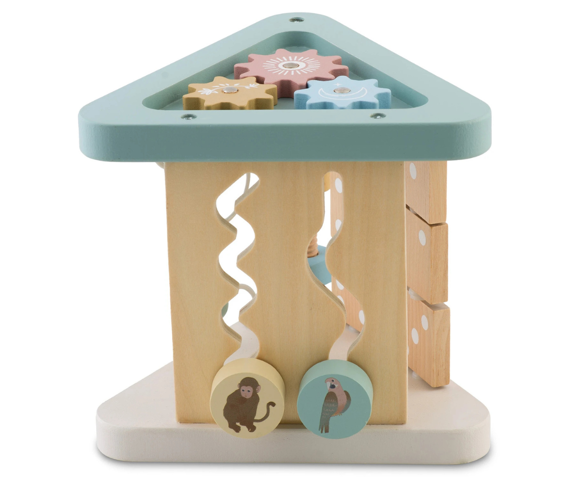 Nukido puidust sensoorne mänguasi kolmnurk erinevate tegevustega