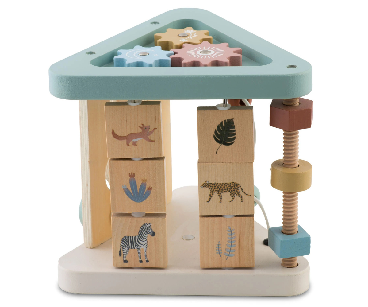 Pöörlevate hammasratastega puidust sensoorne kolmnurk