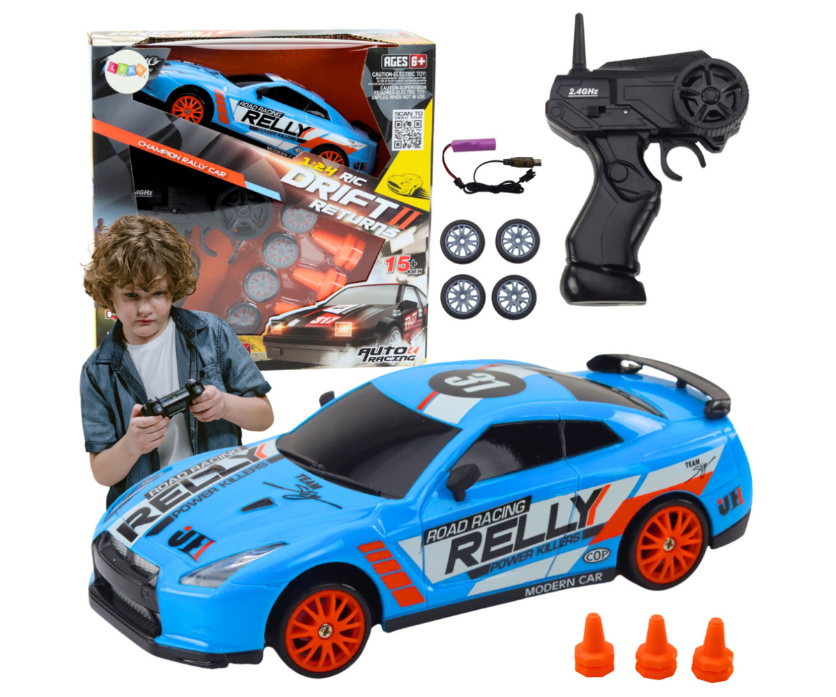 Sinine puldiga sportauto 18 cm vahetatavate ratastega