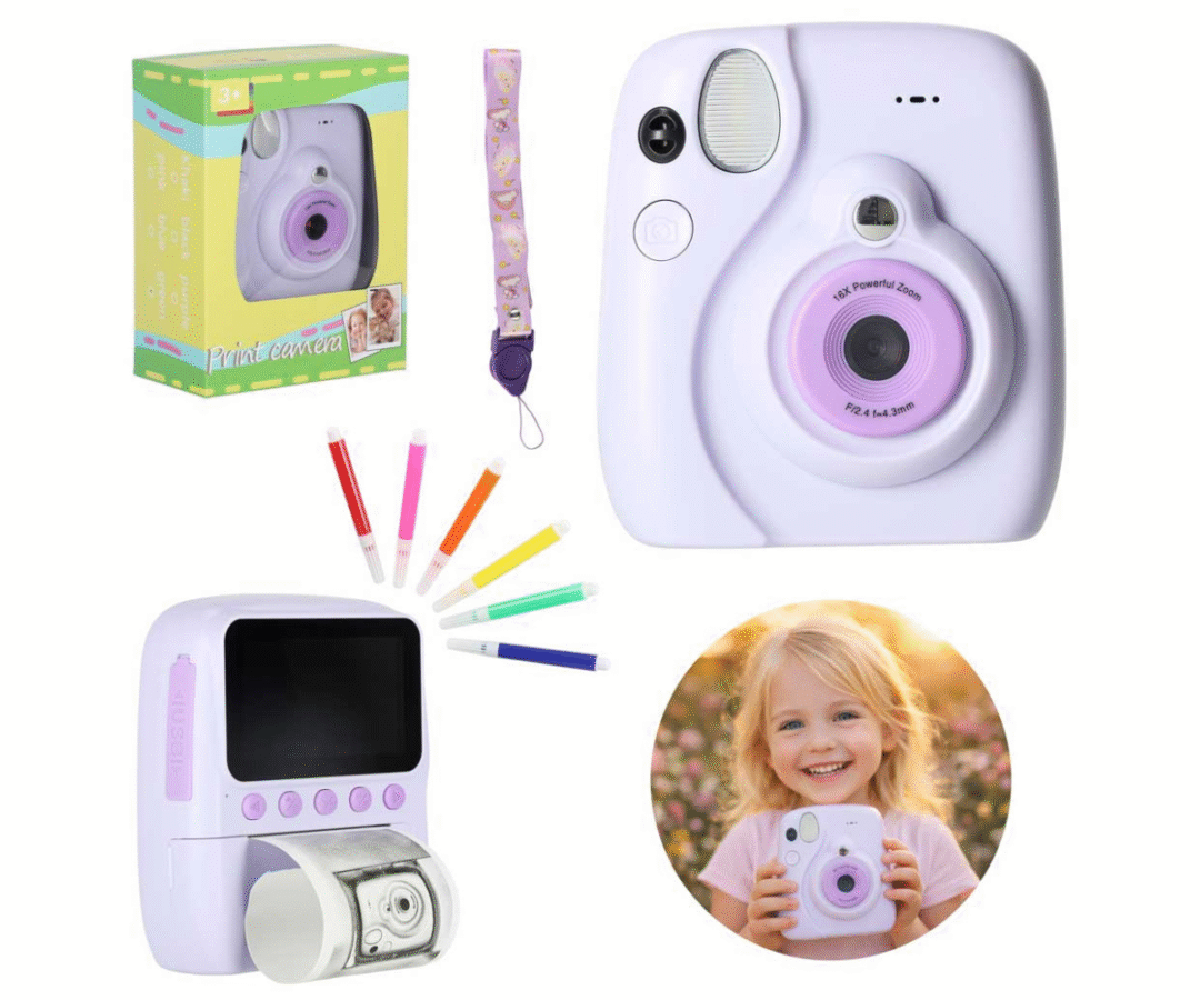 Lilla termoprindiga laste digikaamera 16x suumi ja 128 GB mälukaardiga, eestvaade.