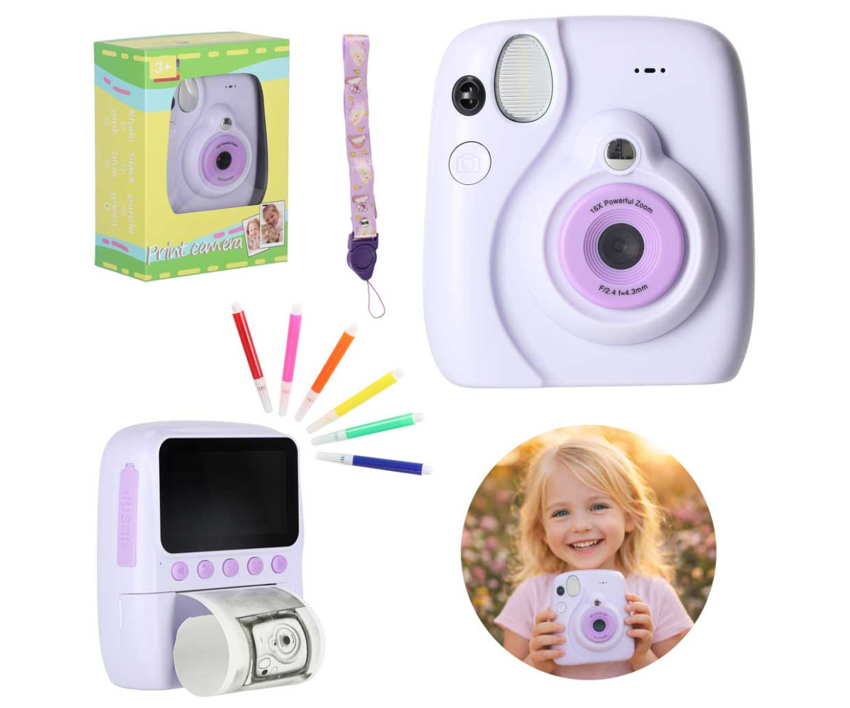 Lilla termoprindiga laste digikaamera 16x suumi ja 128 GB mälukaardiga, eestvaade.