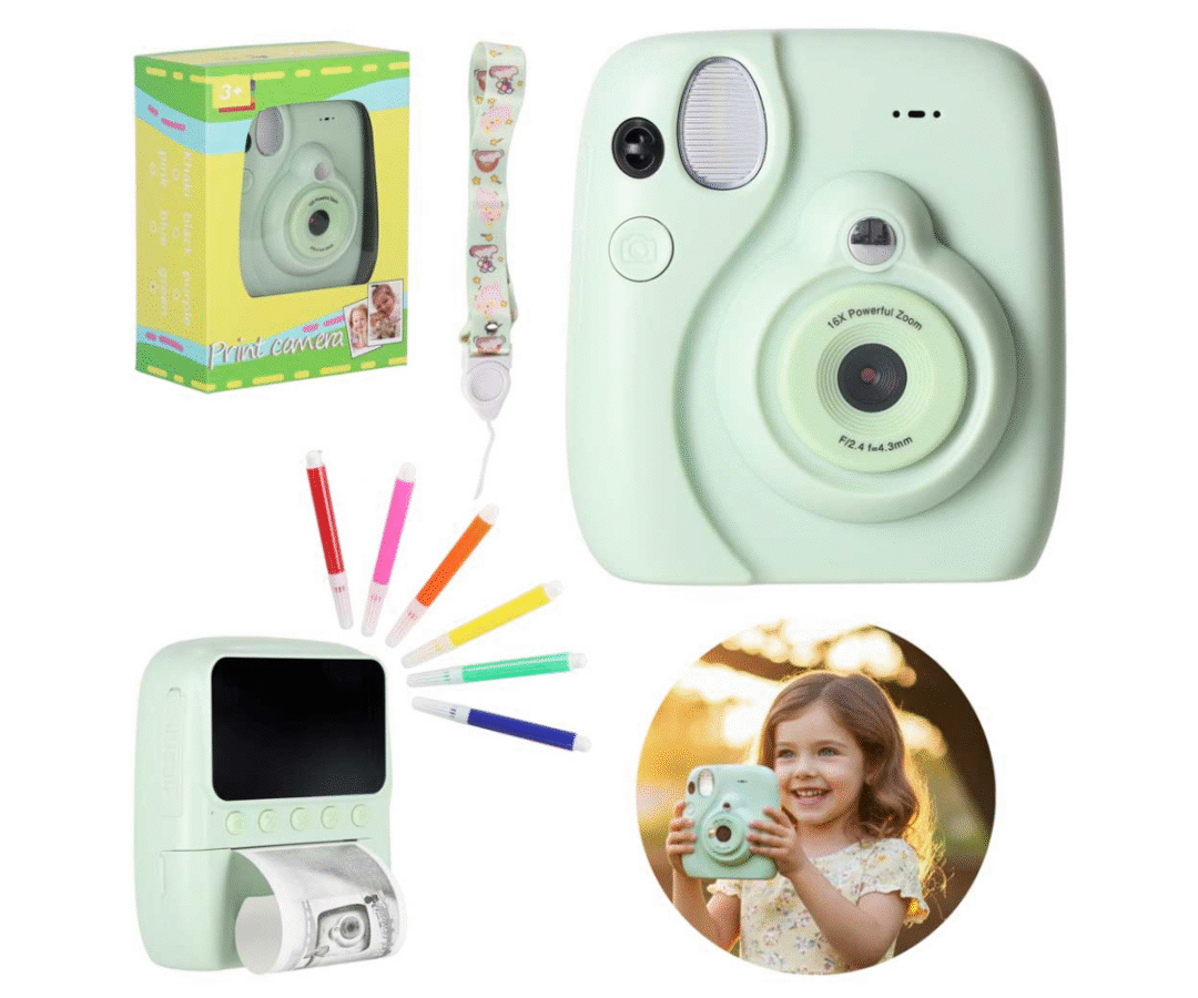 Roheline laste kiirpildiga digikaamera kohese printimise funktsiooniga, eestvaade.