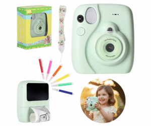 Roheline laste kiirpildiga digikaamera kohese printimise funktsiooniga, eestvaade.