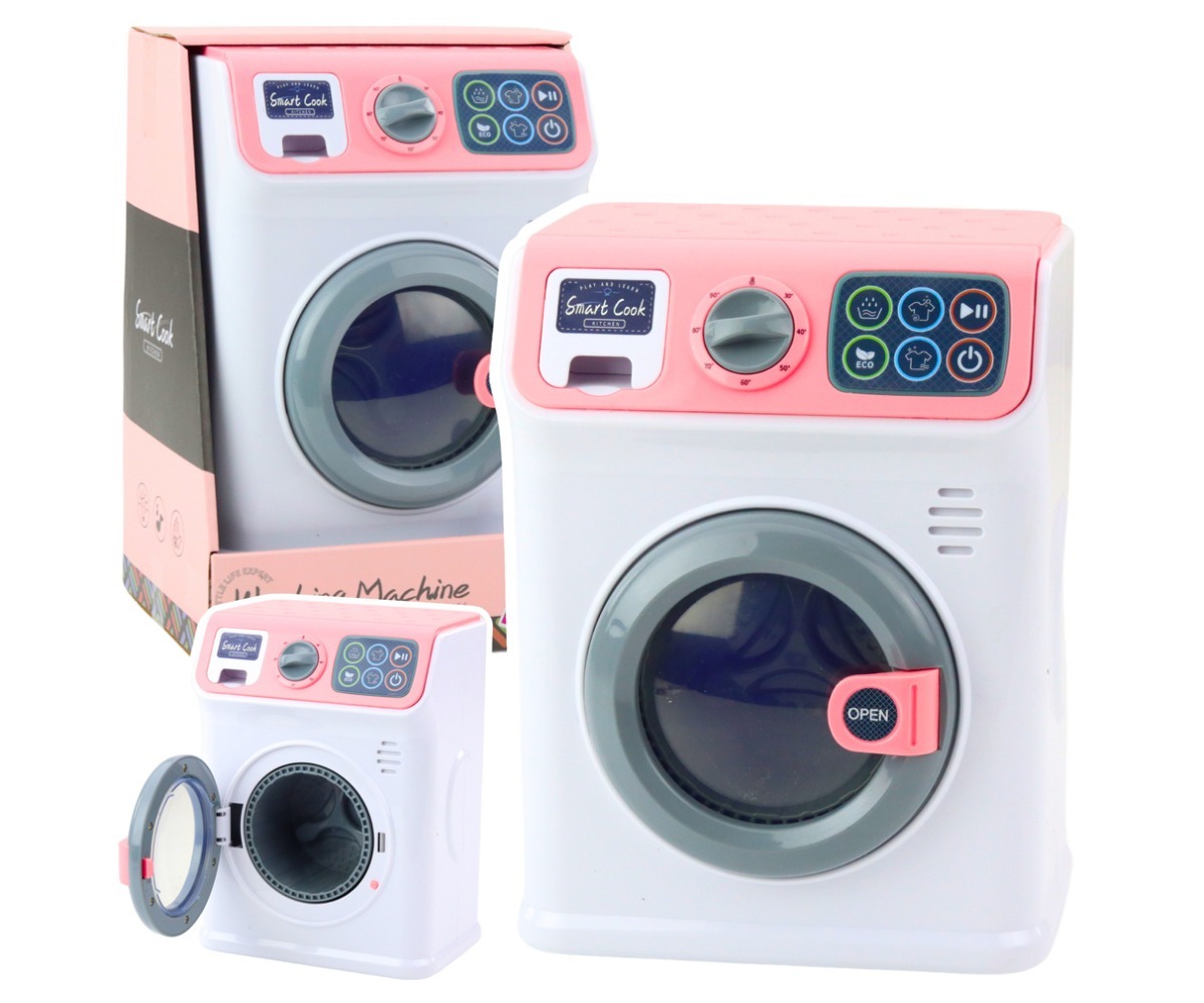 Mängupesumasin lastele pöörleva trumliga, näidatud koos pakendiga.