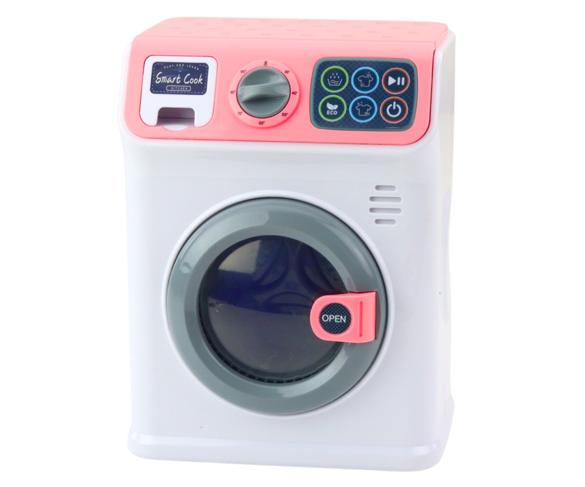 Mängupesumasin lastele pöörleva trumliga, esiküljest vaade.