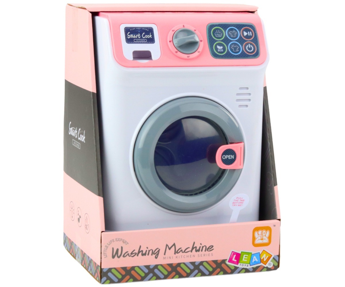 Mängupesumasin lastele pöörleva trumliga, pakendiga vaade.