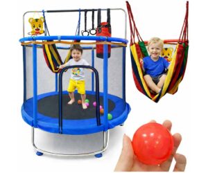 Batuut turvavõrgu ja tarvikutega – 150cm sinine, kus lapsed mängivad ja naudivad.