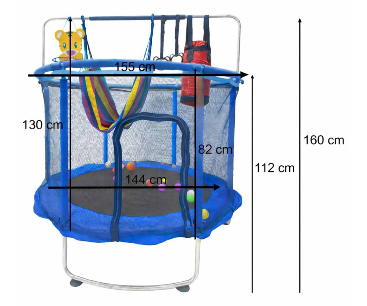 Batuut turvavõrgu ja tarvikutega – 150cm sinine, mõõtmete skeem koos detailse informatsiooniga.