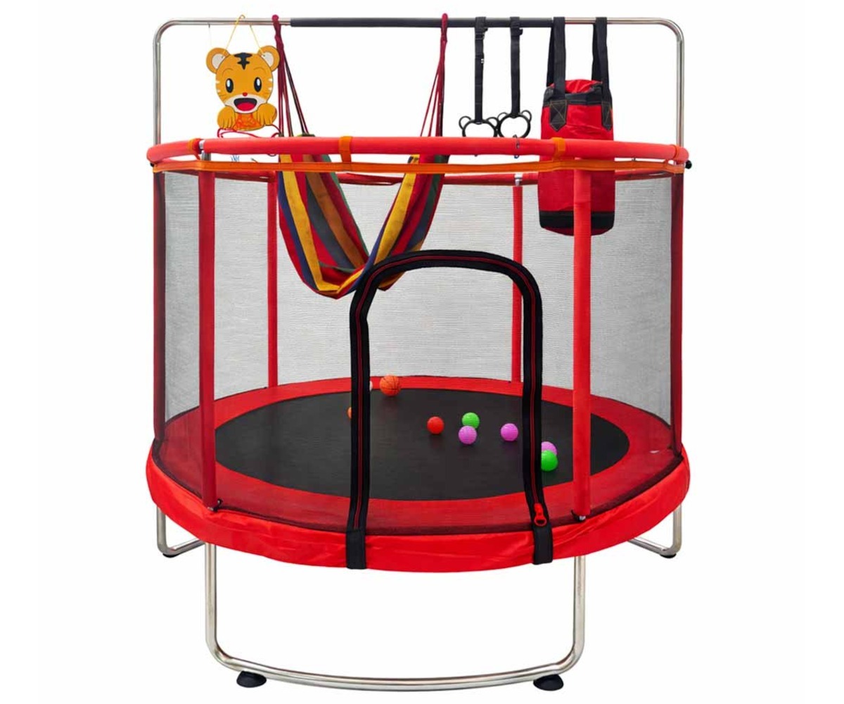 Batuut turvavõrgu ja tarvikutega – 150cm punane, vaade erinevatest külgedest.