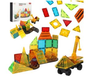 Magnetklotsid 3D ehitamiseks – 50-osaline STEM komplekt, sisaldab mitmeid ehituskomponente ja värvilisi klotse.