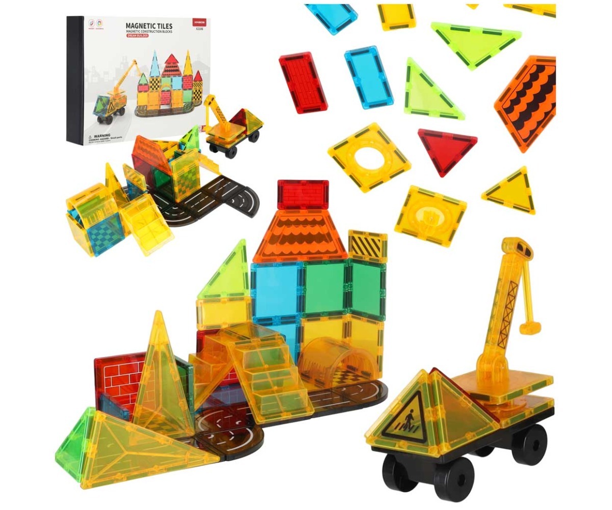 Magnetklotsid 3D ehitamiseks – 50-osaline STEM komplekt, sisaldab mitmeid ehituskomponente ja värvilisi klotse.