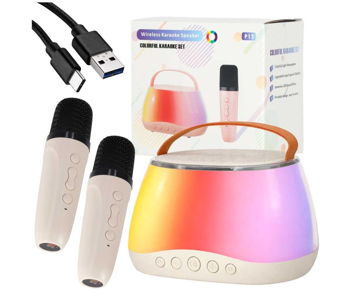 Karaoke komplekt Bluetooth kõlari ja 2 mikrofoniga – LED, kaasaskantav disain ja värviline valgustus.