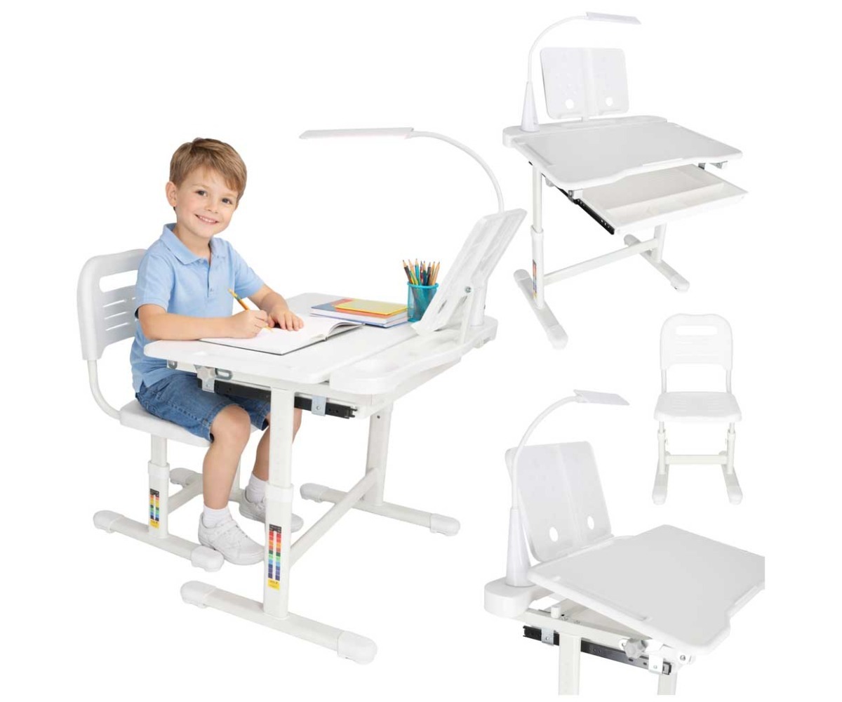 Reguleeritav laste kirjutuslaud tooli ja LED-lambiga – valge, last kasutamas kirjutuslauda.