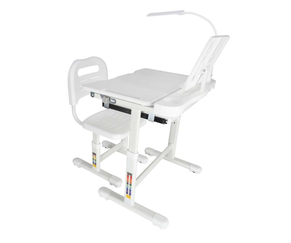 Reguleeritav laste kirjutuslaud ja tool – valge, ideaalne laste õpinguteks.