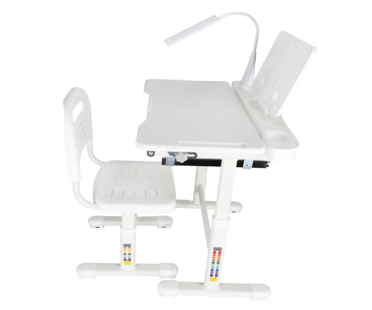 Reguleeritav laste kirjutuslaud ja tool, et luua mugav õpikeskkond.