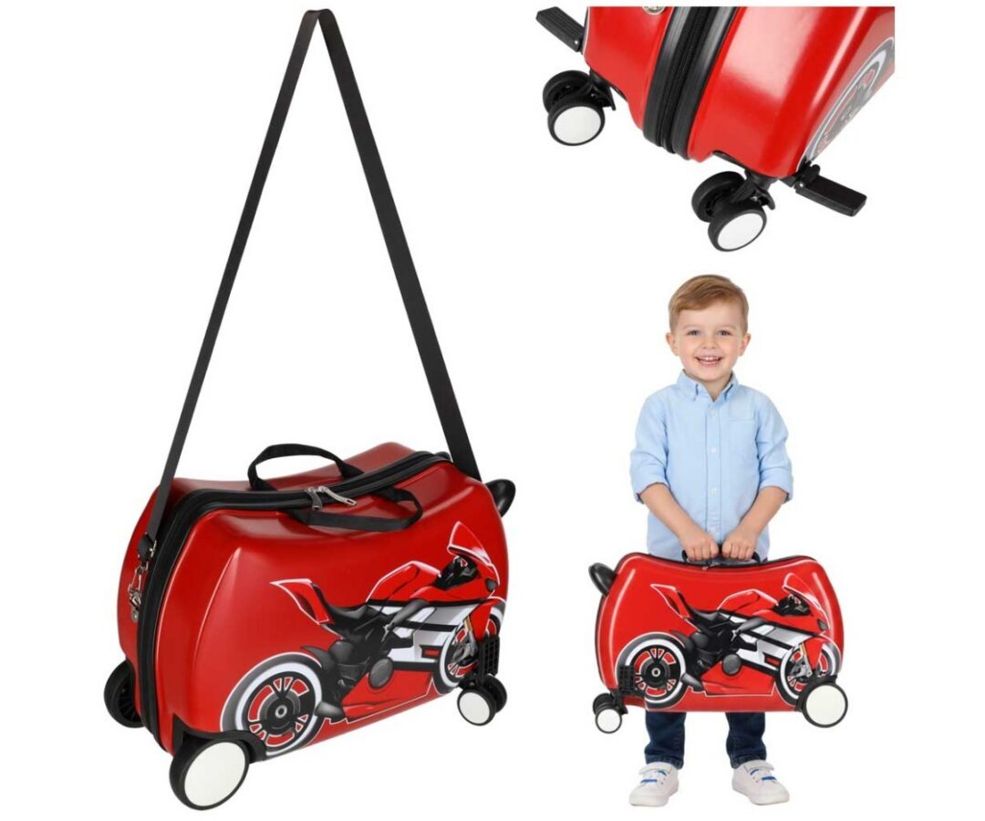 Laste reisikohver ratastel – mootorratta disainiga, mida hoiab laps.