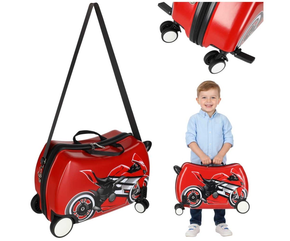 Laste reisikohver ratastel – mootorratta disainiga, mida hoiab laps.