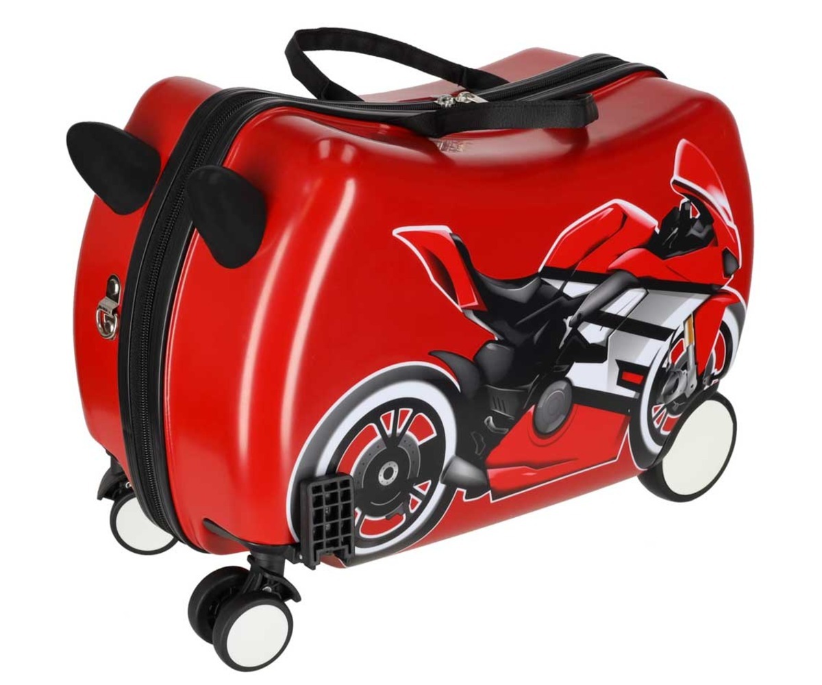 Laste reisikohver ratastel – mootorratta disainiga, külgvaade.