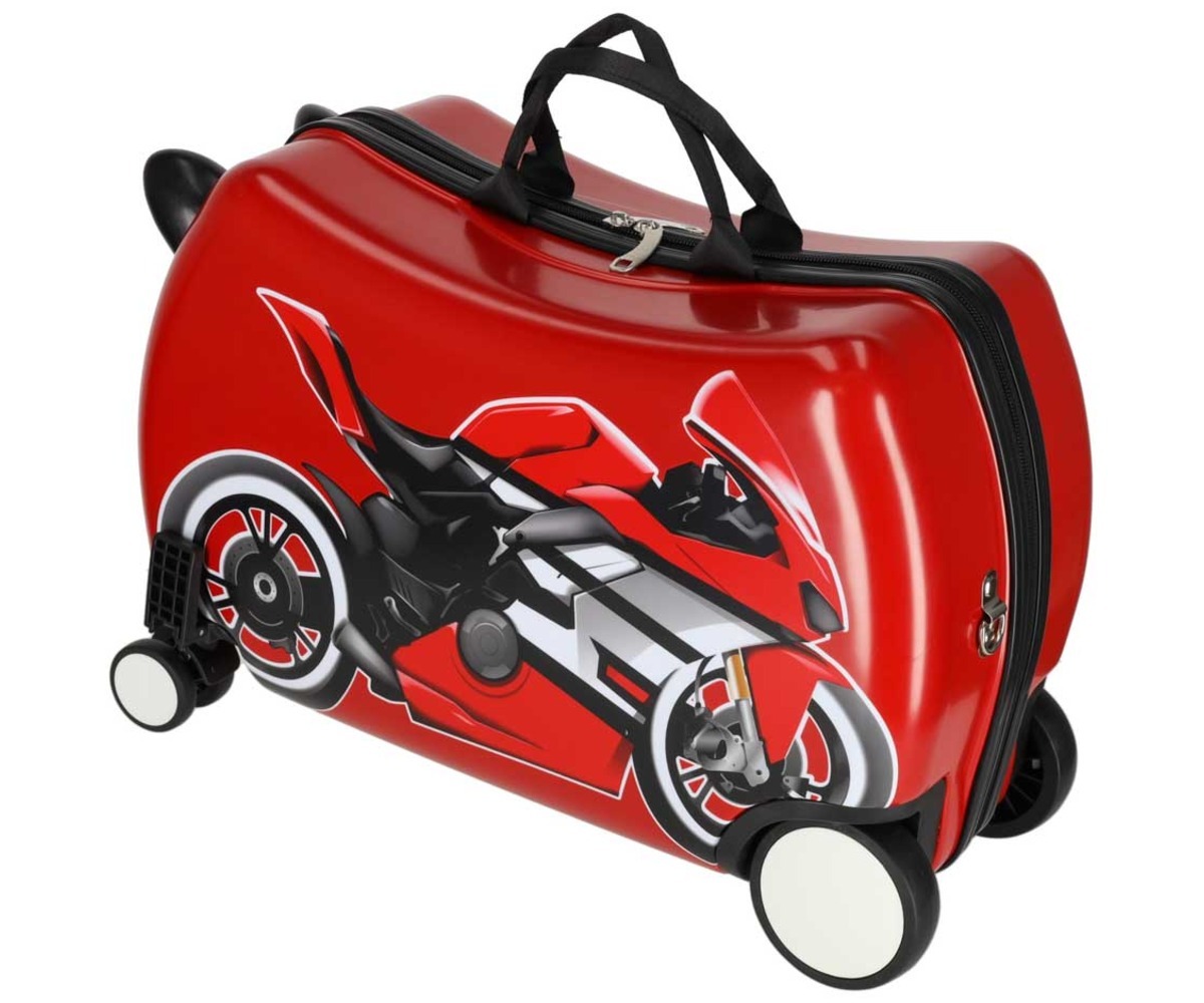 Laste reisikohver ratastel – mootorratta disainiga ülaltvaates.