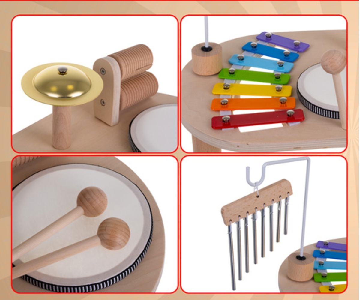 Detailne vaade puidust muusikalaud lastele - Kruzzel, instrumentide lähemalt vaatamiseks.