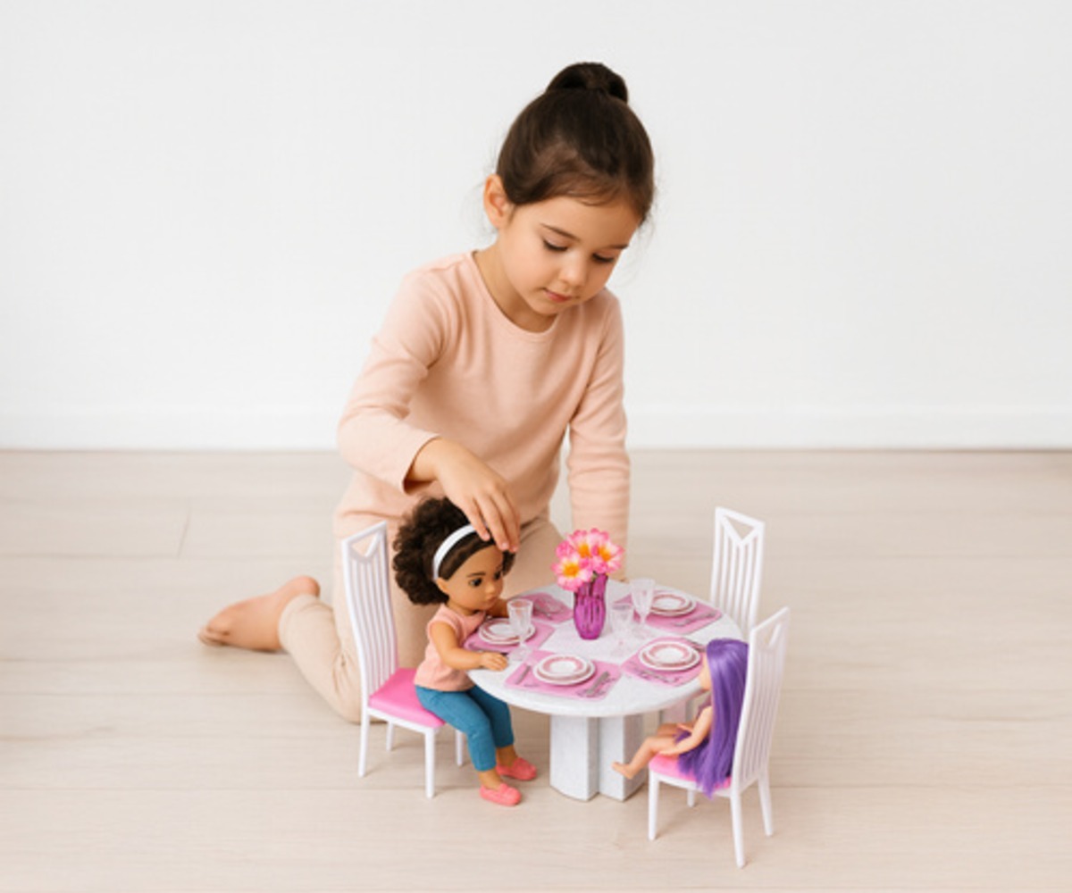 Laps mängib Nukumaja söögitoa mööblikomplektiga 43-osaline, luues toredaid hetki