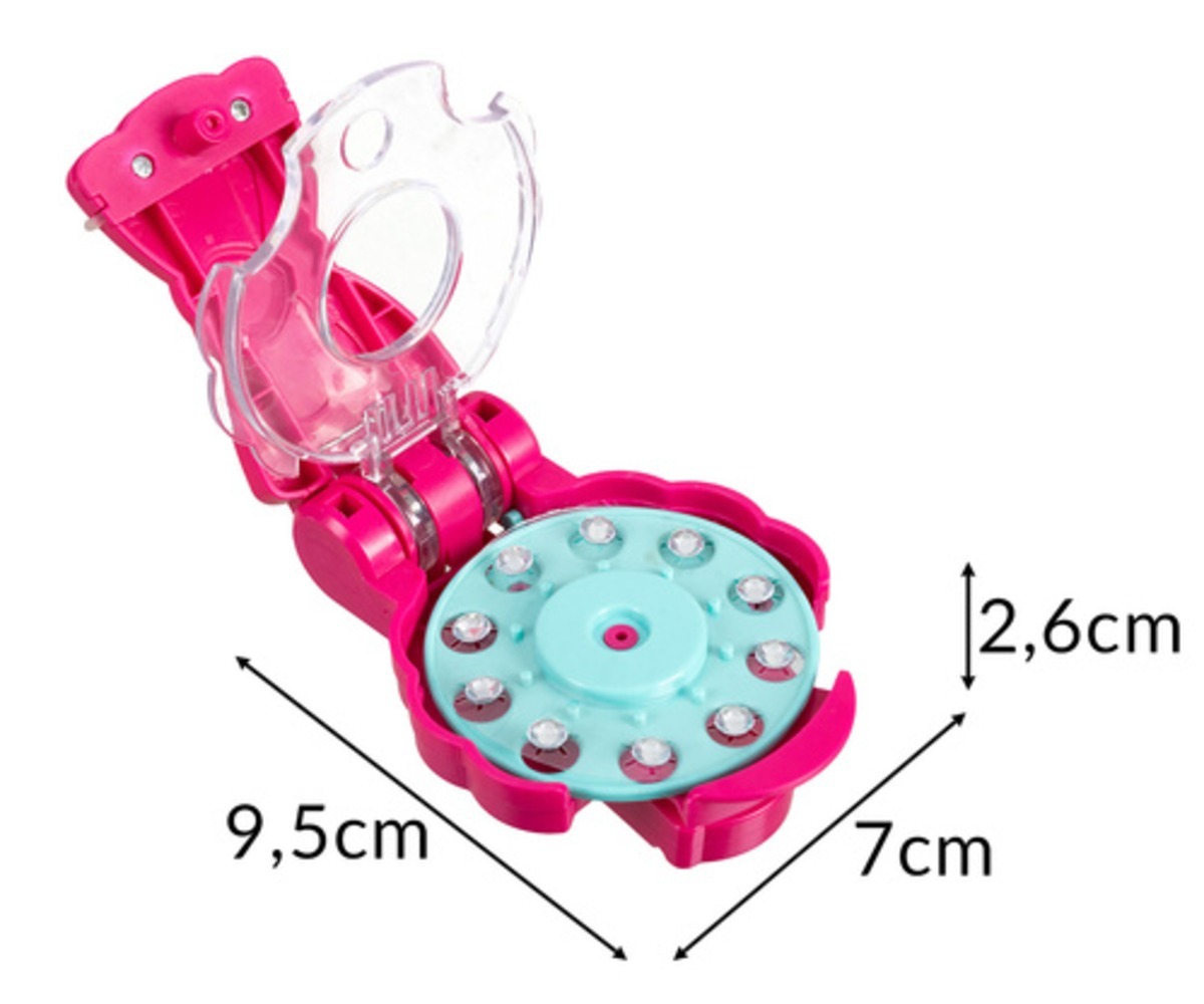 Juuste ja riiete kaunistamise masina mõõtmed 9,5 cm x 7 cm x 2,6 cm