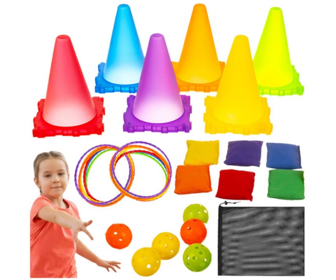 Täpsusviskemäng 3-ühes lastele – pallid ja rõngad, sisaldab värvilisi konisid, rõngaid ja pehmeid kotte