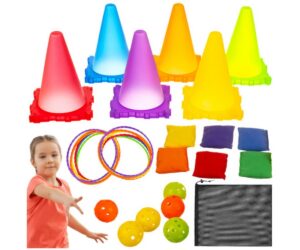 Täpsusviskemäng 3-ühes lastele – pallid ja rõngad, sisaldab värvilisi konisid, rõngaid ja pehmeid kotte