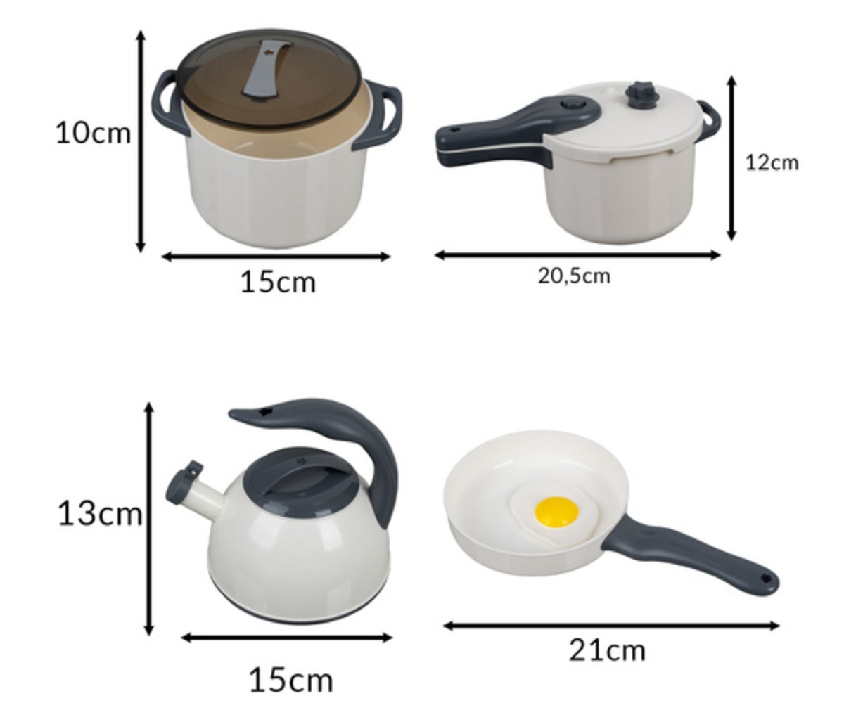 Laste kööginõude komplekti 32 osa – Kruzzel potid ja pannad koos mõõtmetega.