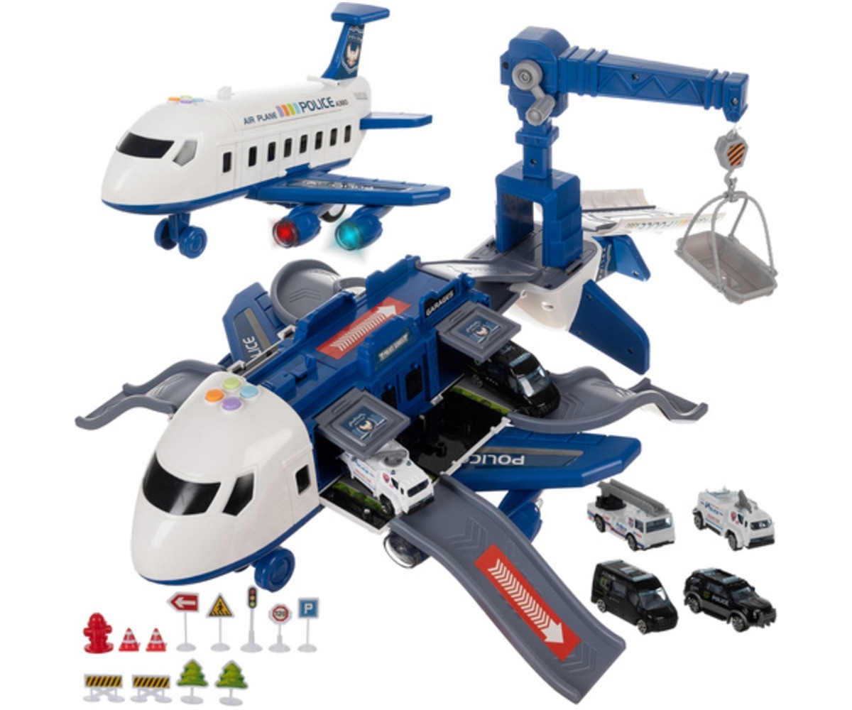 Politseilennuk lastele koos all oleva kokkupandava parklaga, kus on erinevad mänguautod.