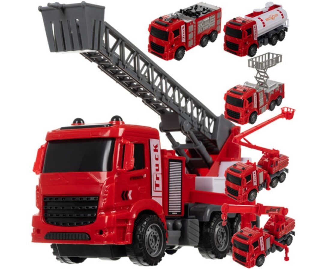 Tuletõrjeautode komplekt lastele 6in1 - punane, sisaldab erinevaid tuletõrjeautode mudeleid.