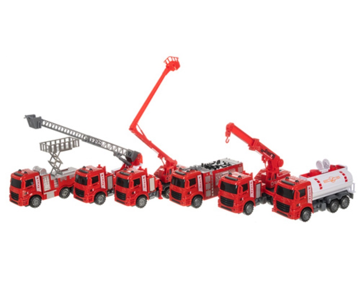 Komplekt lastele sisaldab mitmeid tuletõrjeautosid, kõik punases värvitoonis.