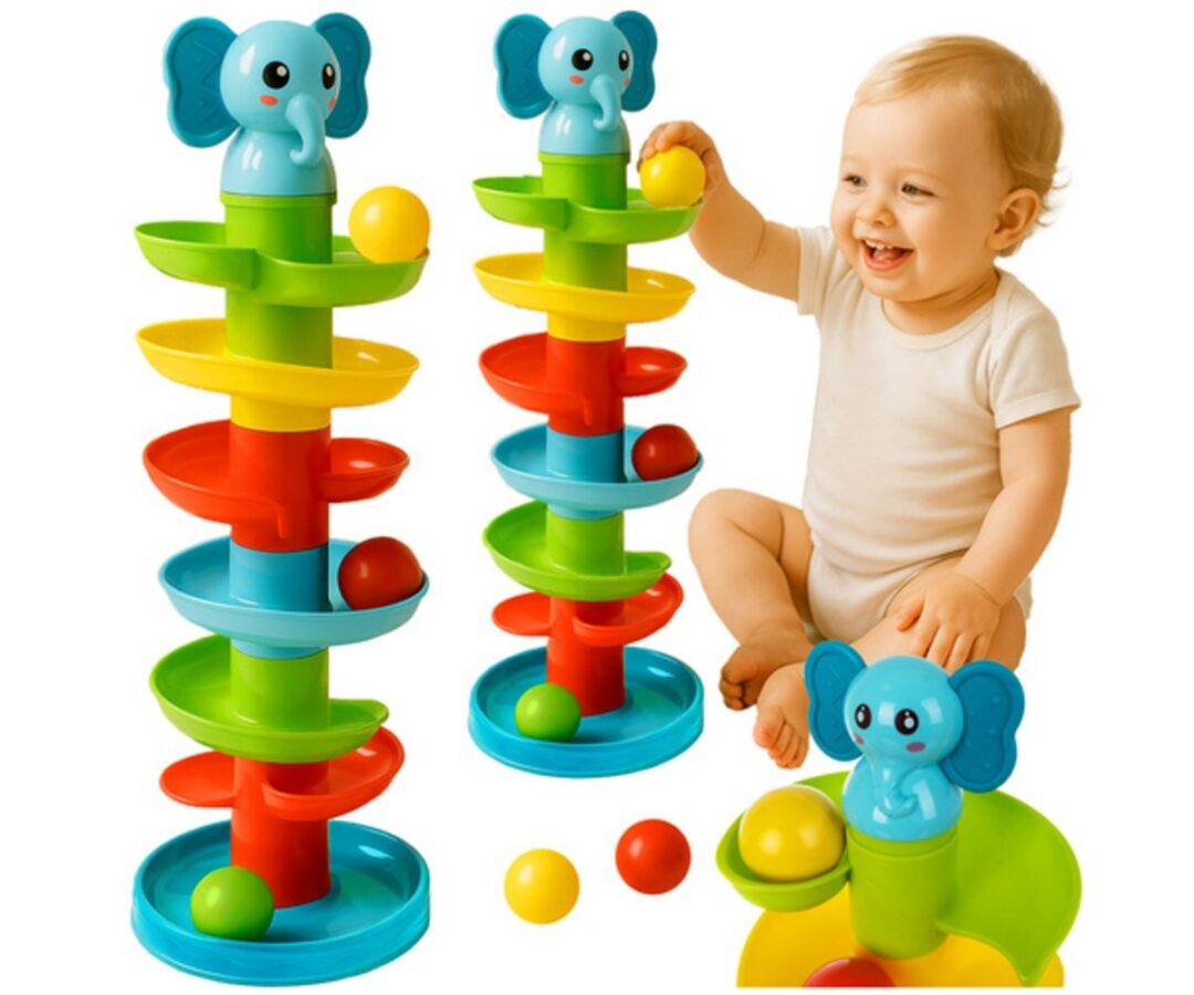 Pallitorn lastele – värviline pallirada, laps mängib rõõmsalt palli rikkaid