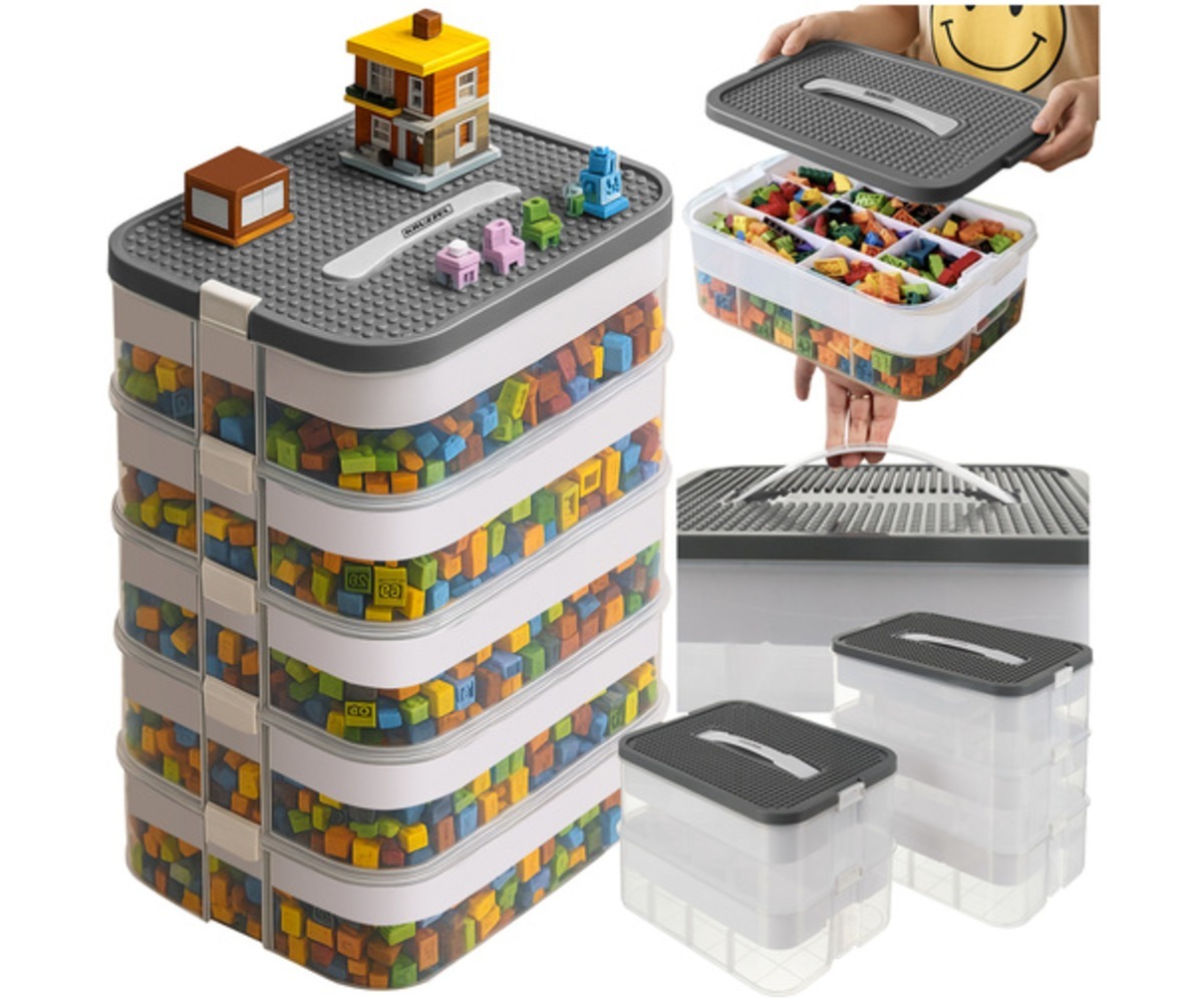 Klotsikast 35L Kruzzel – 5-korruseline organiseerija, milles on plokid ja ehituskomplektid.