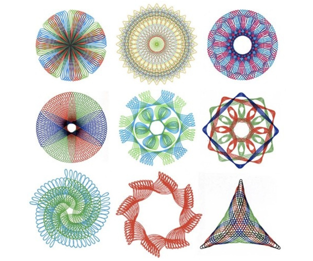 Erinevad spirograafi mustrid, loodud Loova joonistuskomplektiga.