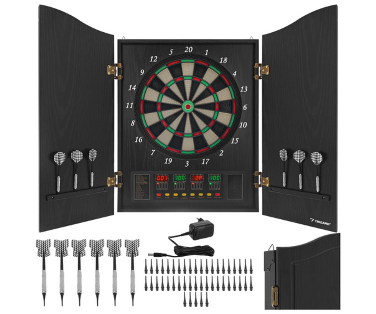 Elektrooniline noolemängu komplekt – 27 mängu avatud, kus on selgelt näha sihtmärk ja noolte hoidmine.