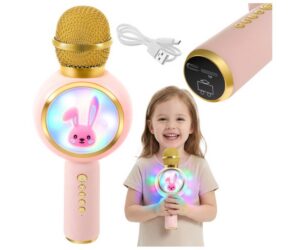 Juhtmevaba bluetooth karaoke mikrofon Rabbit - roosa koos särava disainiga ja kuni 4 erineva funktsiooniga