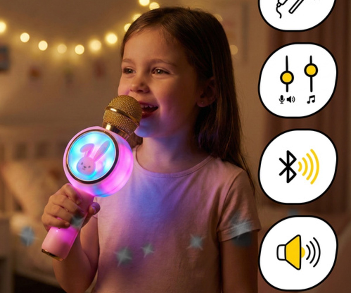 Laps naudib laulmist juhtmevaba bluetooth karaoke mikrofon Rabbit - roosa valguse efektidega